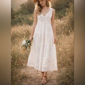 BELLA AMORE Italy Silk Blend Lace Midi Dress White Boho Romantic Tiered Bridal